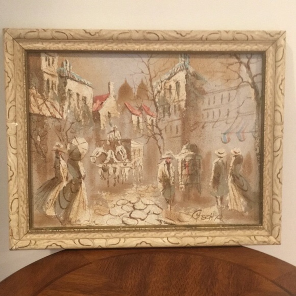VTG Oil Sand Painting Signed Boris Chezar Victorian Street Scene Wall Art Decor
